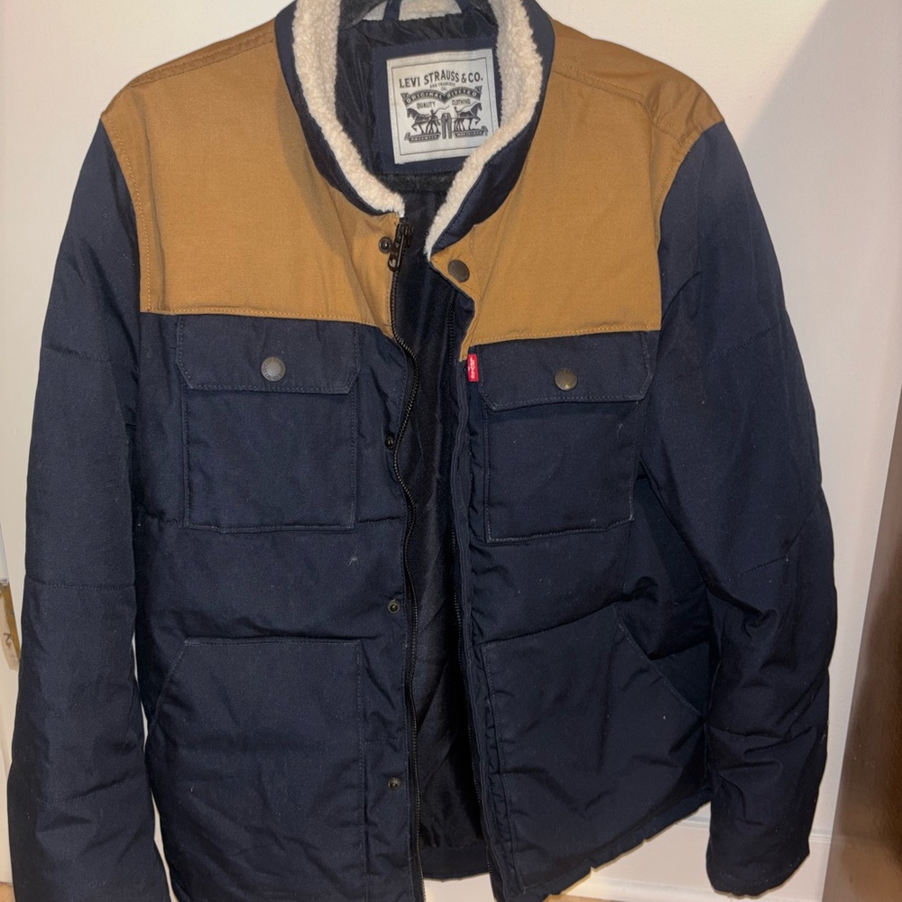Levi's Men's Blue and Tan Puffer Jacket